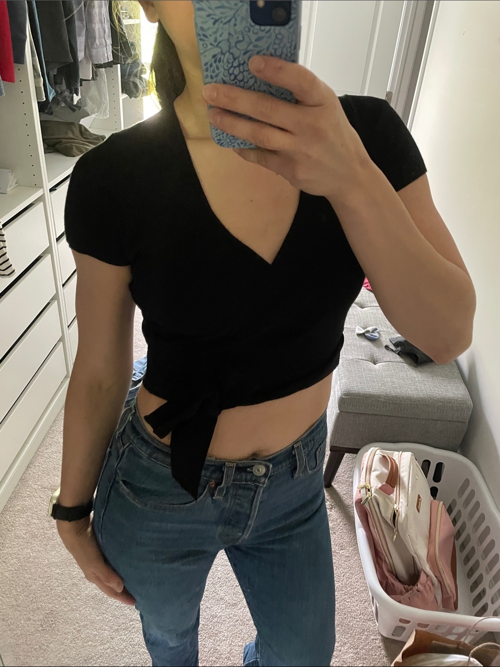 Aritzia Black Ribbed Wrap Tie Short-Sleeve Top
